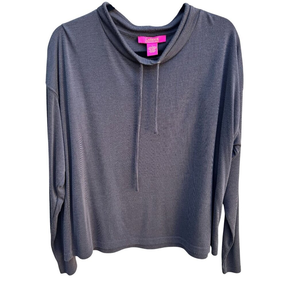 Catherine Catherine Malandrino Gray Ribbed Funnel Neck Drawstring Top Large